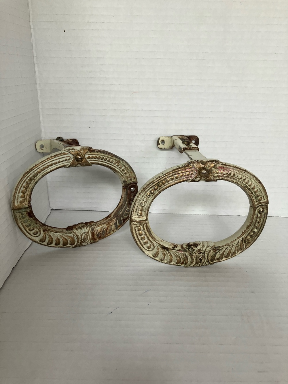 Antique Cream and Brown Oval Cast Iron Decorative Curtain Tiebacks Adjustable 5”